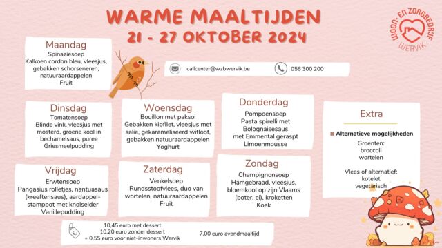 Wie is er nog benieuwd naar de gerechten van de komende week?  #wzbw #woonenzorgbedrijfwervik #wervik #geluwe