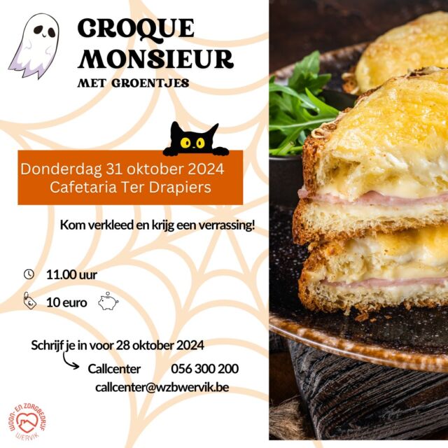 Griezelig lekkere Halloween-croques wachten op jou! Schrijf je snel in.
Kom verkleed en krijg een verrassing!  #wzbw #woonenzorgbedrijfwervik #wervik #geluwe