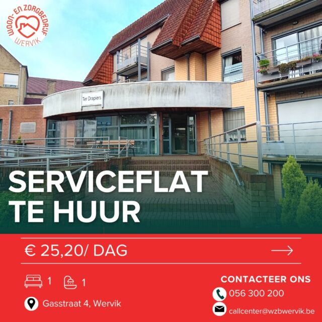 Ontdek de serviceflats Ter Drapiers in Wervik! 
Voor slechts 25,20 euro per dag geniet u van een veilige en comfortabele woonomgeving, inclusief een noodoproepsysteem voor uw gemoedsrust.  Daarnaast staat onze maatschappelijk werker altijd klaar om te helpen. Neem vrijblijvend contact op met het Loket Woonzorg of neem een bezoekje op onze website 
https://www.wzbwervik.be/dienst/huisvesting/serviceflats/ter-drapiers-wervik/  #wzbw #woonenzorgbedrijfwervik #wervik #geluwe