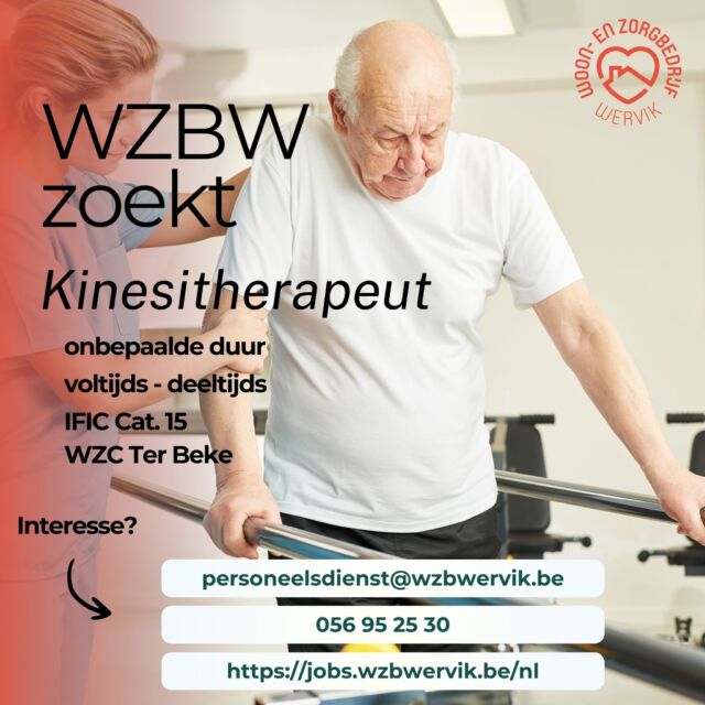 Ben jij die flexibele, energieke kinesitherapeut die onze bewoners in beweging houdt? 
Meer info op onze jobpagina: https://jobs.wzbwervik.be/nl/kinesitherapeut  Deel dit bericht en help ons om de juiste persoon te vinden die onze bewoners soepel en sterk houdt 😀